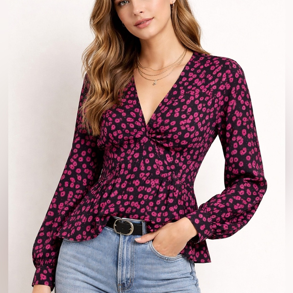 The Kooples Daisy Dots Floral Blouse Pink Black Long Sleeve Size 1 small NWT